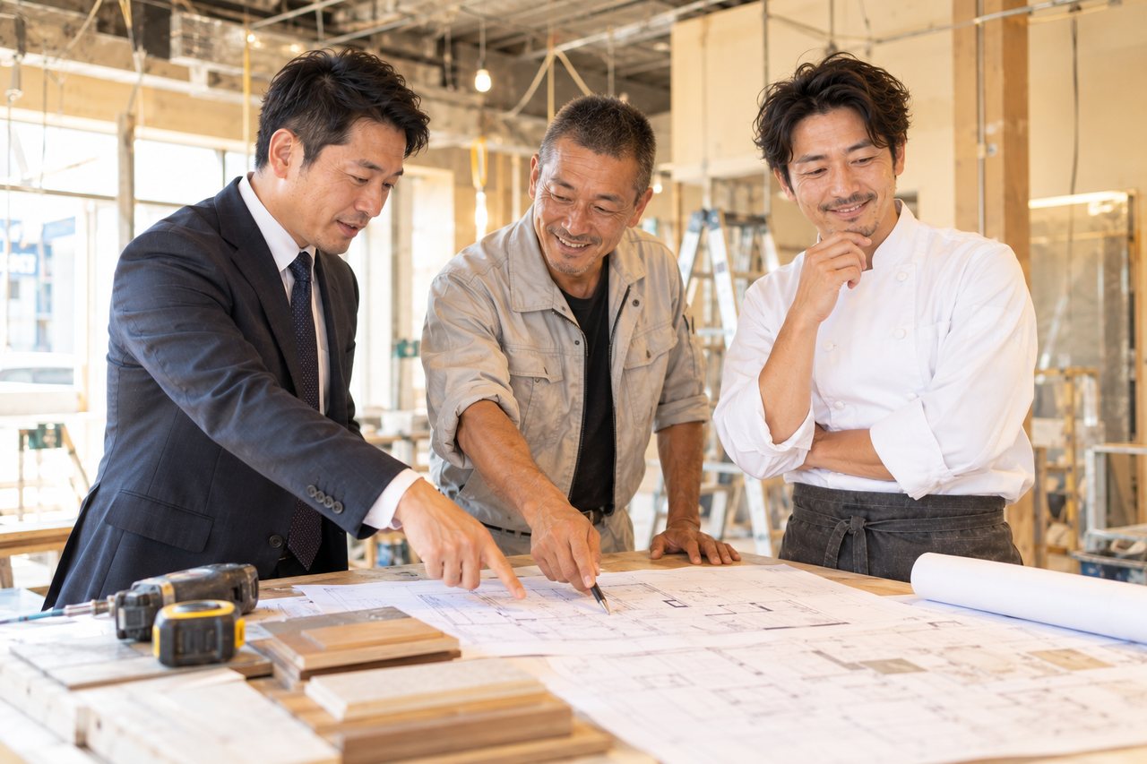 内装業者と料理人を交えた打ち合わせ